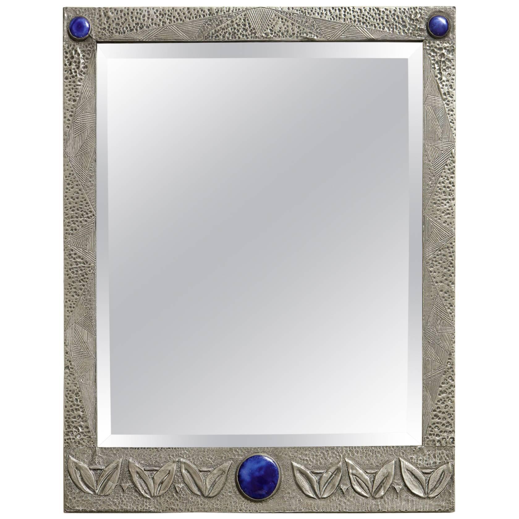 English Arts and Crafts Hammered Pewter Mirror