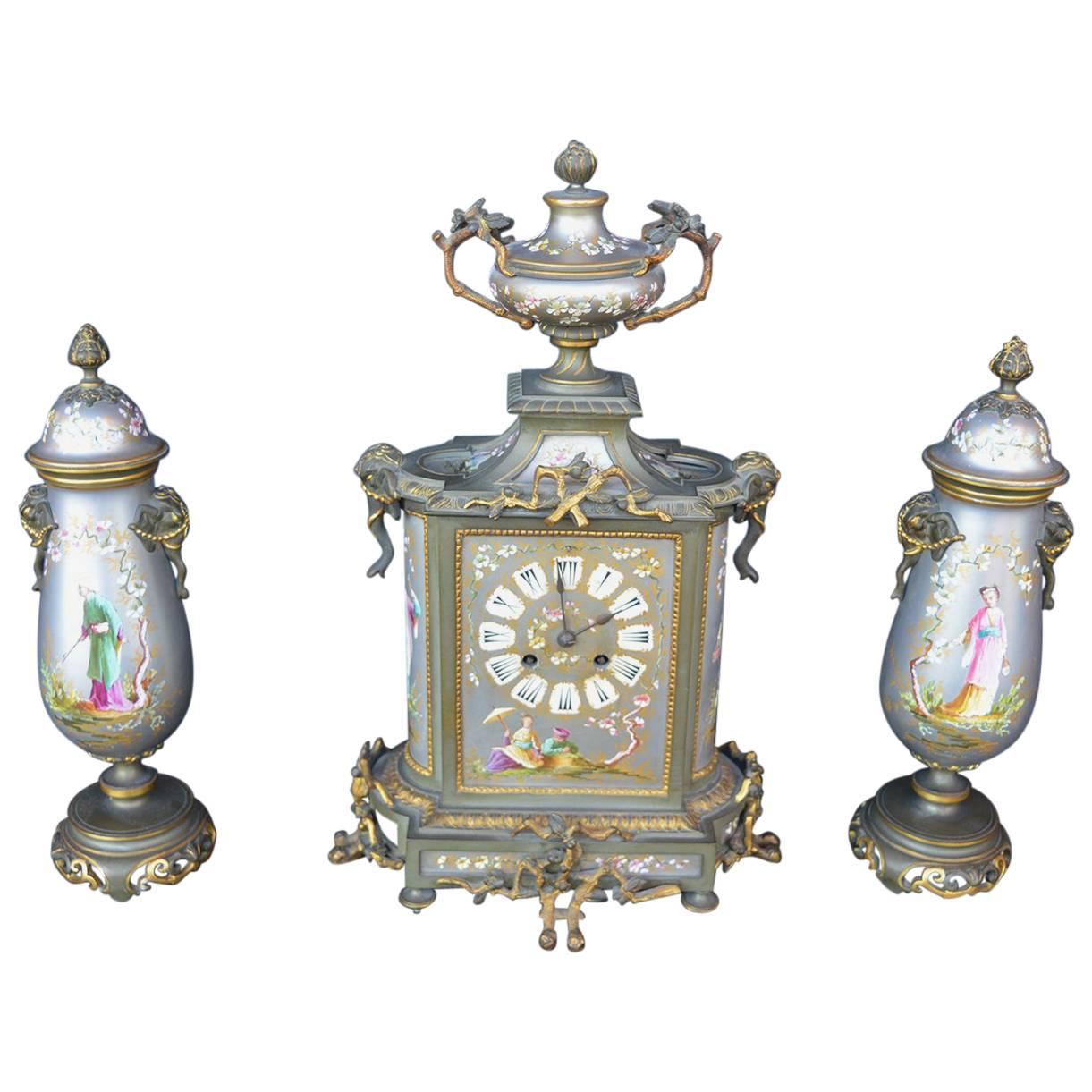Small French Chinoiserie Clock Set For Sale