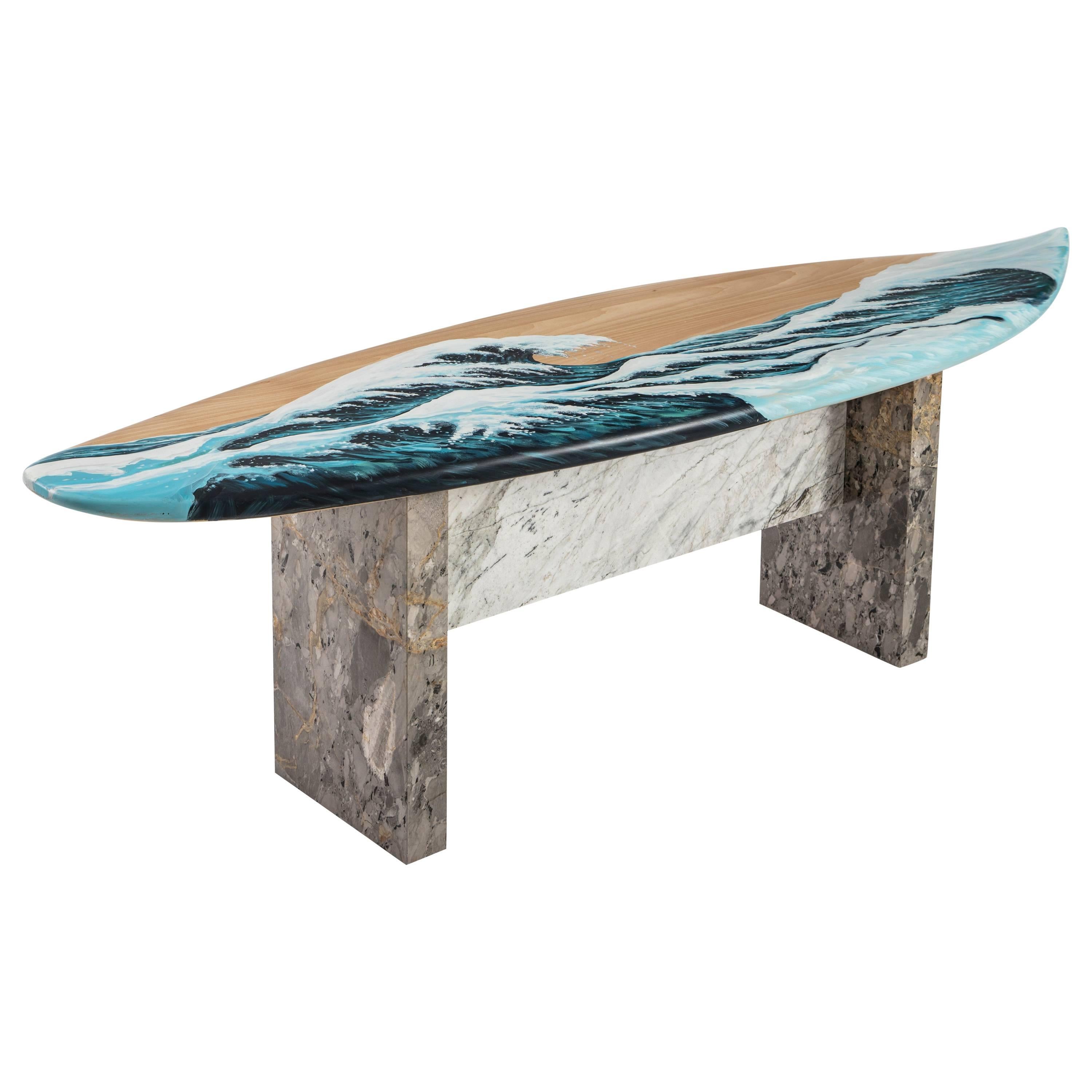 Motus Surfboard Bench in Marble and Painted Oak For Sale