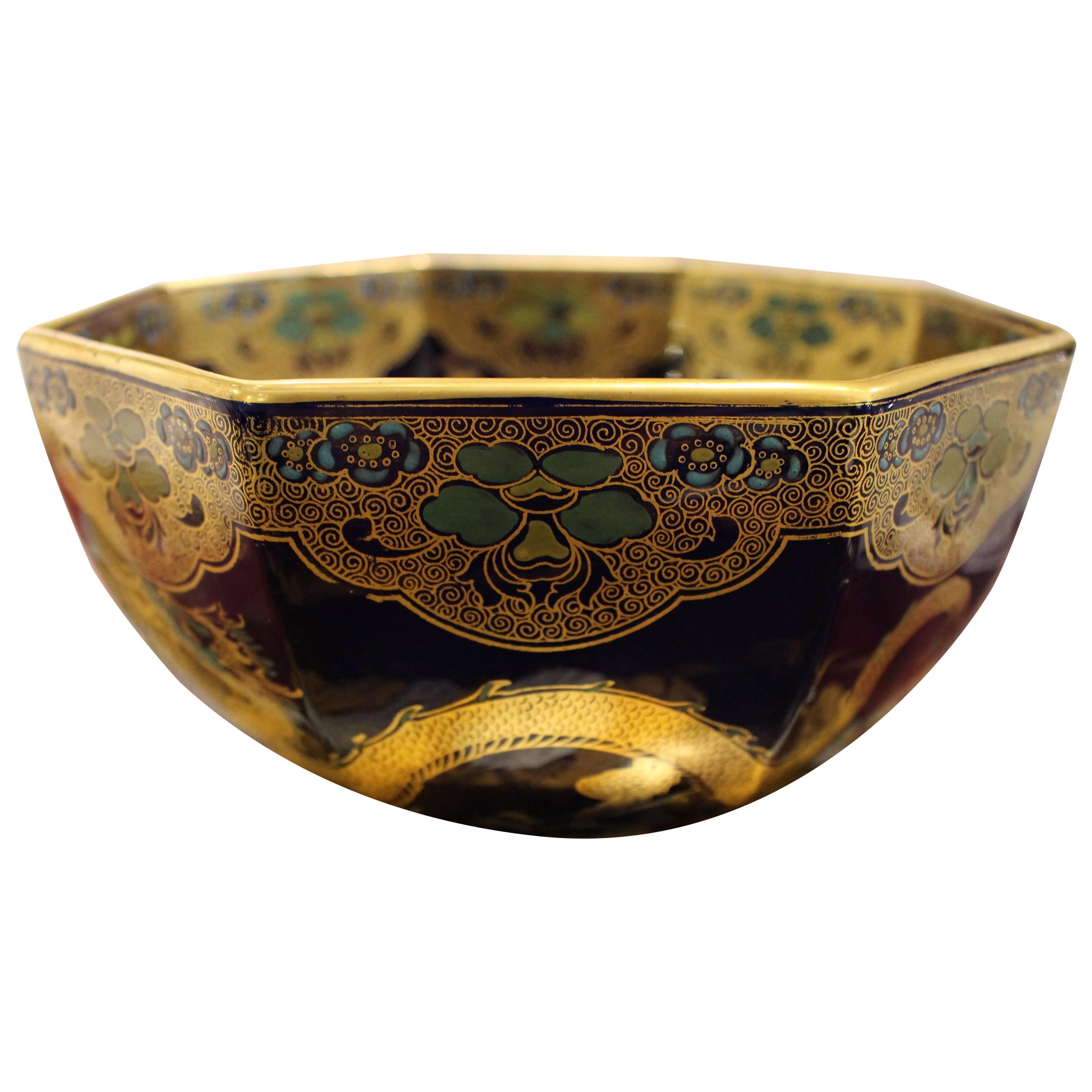 Mason's Ironstone Chinese style Deep Blue Bowl with Gilt Animal Decoration For Sale