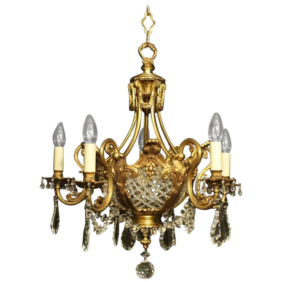 French Gilded Bronze and Crystal Six-Light Antique Chandelier