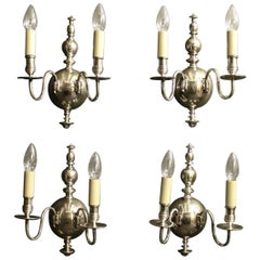 English 19th Century Set of Four Silver Plated Twin-Arm Antique Wall Lights