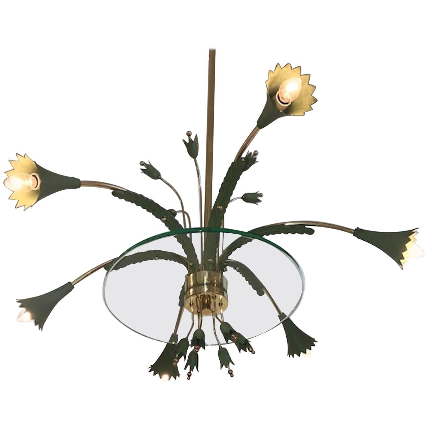Italian 1940s-1950s Italian Floral Theme Brass, Glass and Enamel Chandelier