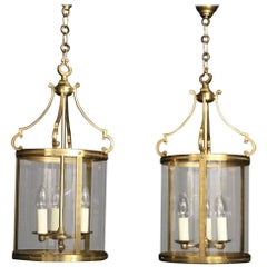 French Pair of Triple-Light Gilded Convex Antique Lanterns