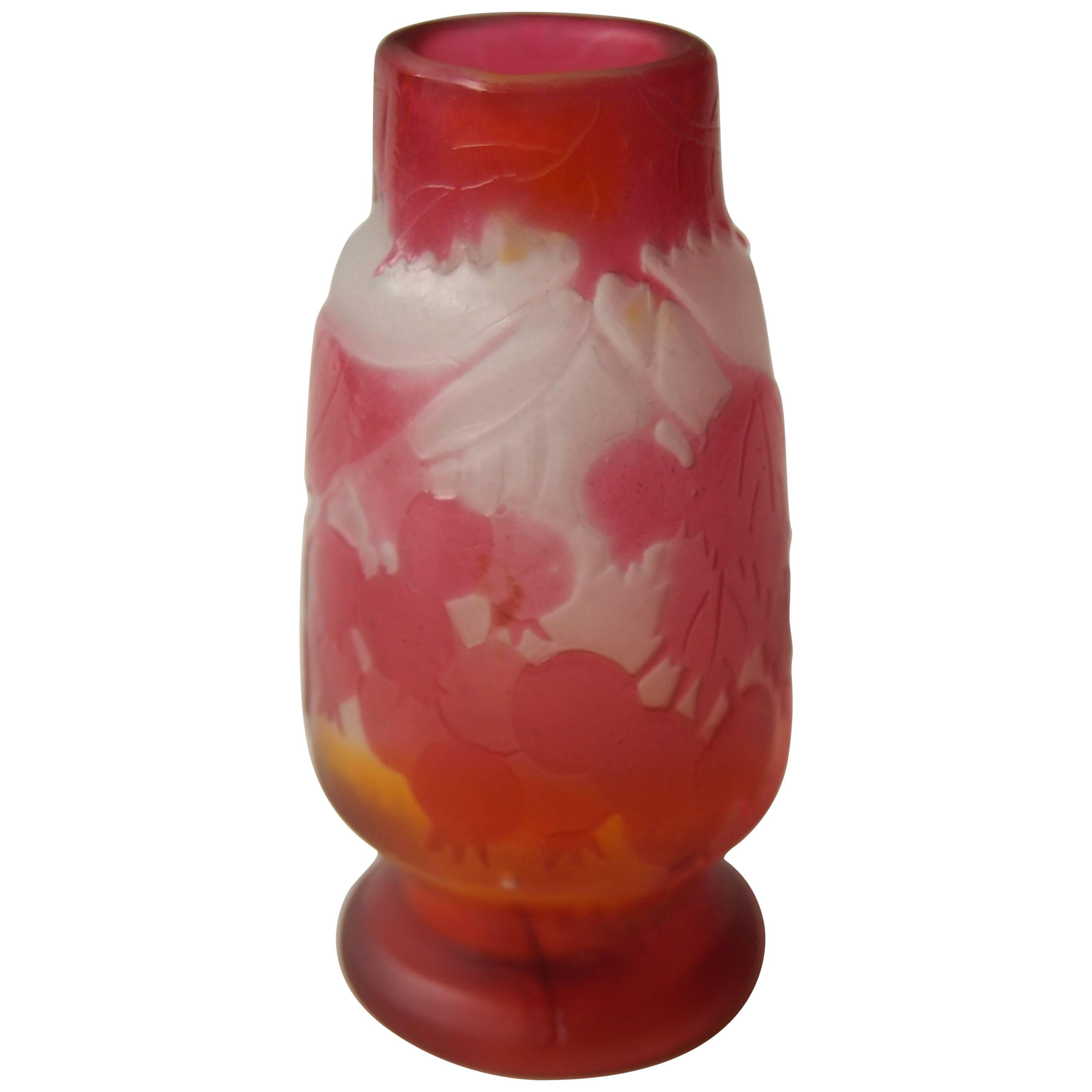 Near Miniature Art Nouveau Emile Galle Cameo Red and Orange Berry Vase