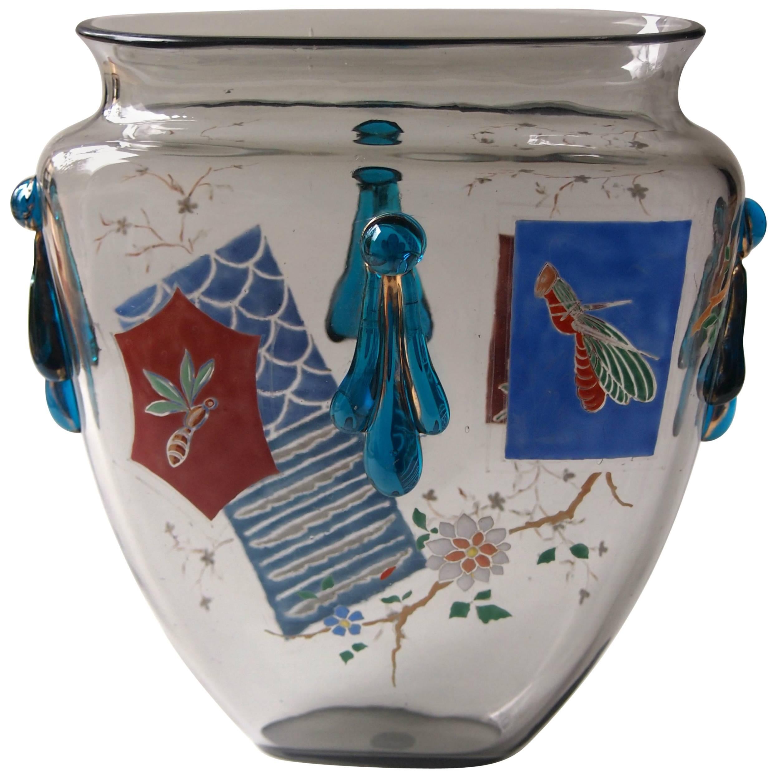 Bohemian Harrach Grey Japonisme Enameled Glass 'Panel' Vase circa 1895 For Sale