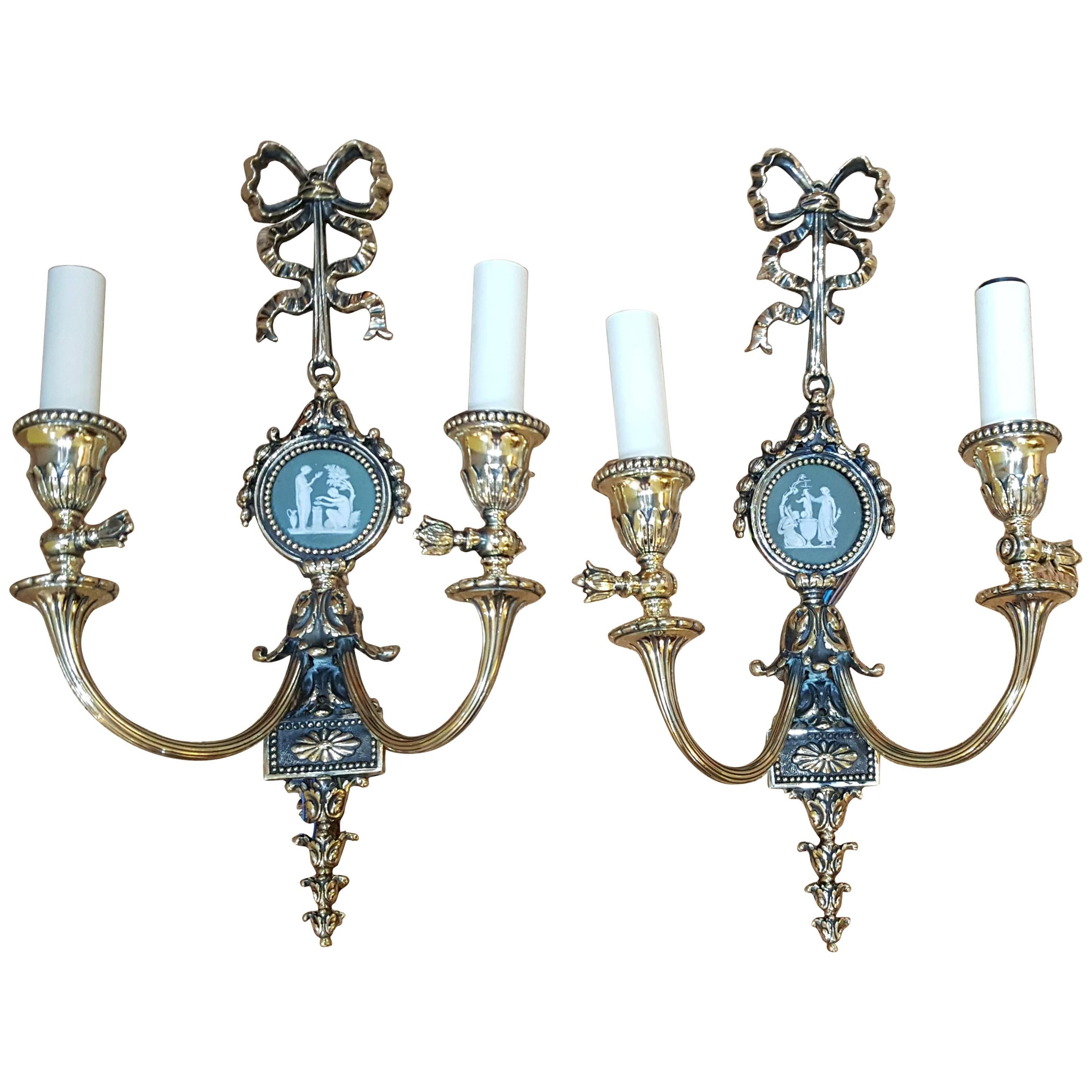Pair of Edwardian Adam Style Brass Twin Wall Lights For Sale