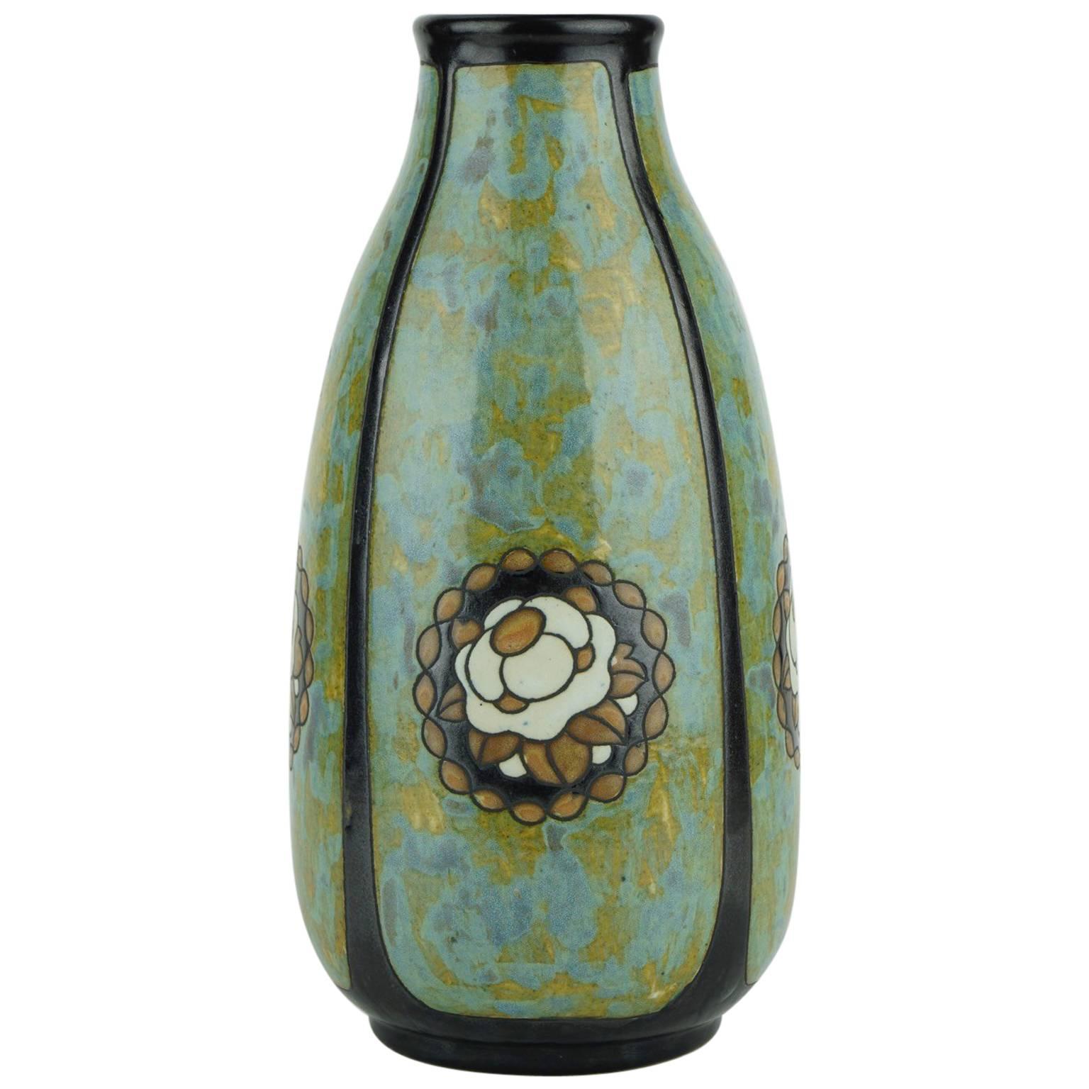 Art Deco Keramis Stoneware Boch Vase with Floral Medallions D771 F396 For Sale