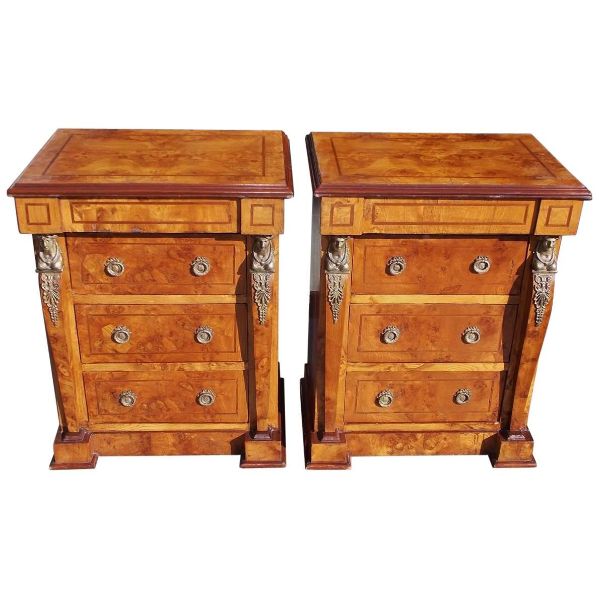 Pair of English Neoclassical Style Burl Walnut Figural Ormolu Commodes. C. 1880 For Sale