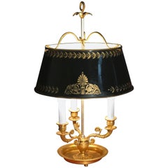 French Gilt-Bronze Three-Arm Bouillotte Lamp with Tole Shade