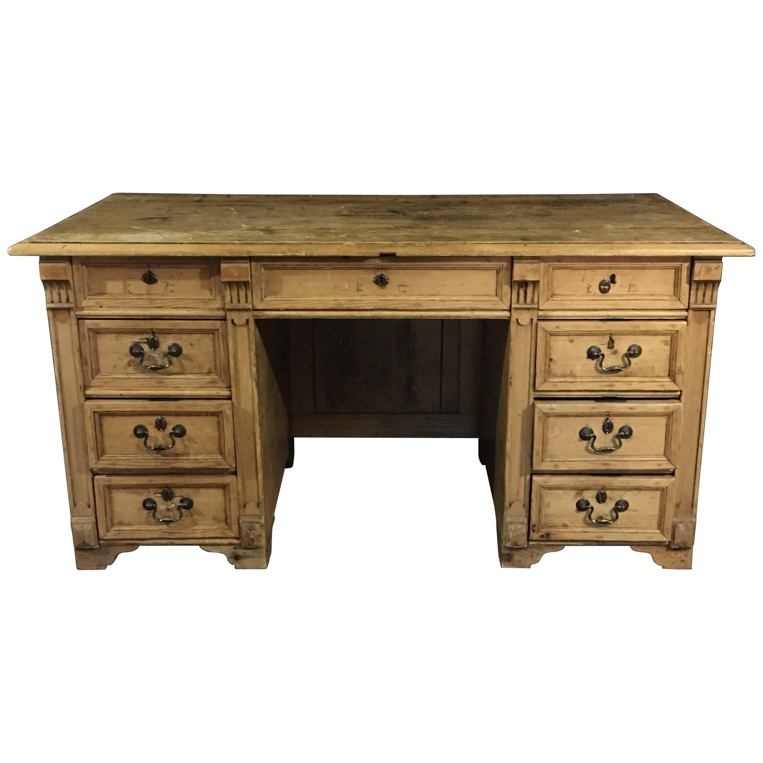 Charming Old English Pine Desk with Great Details For Sale