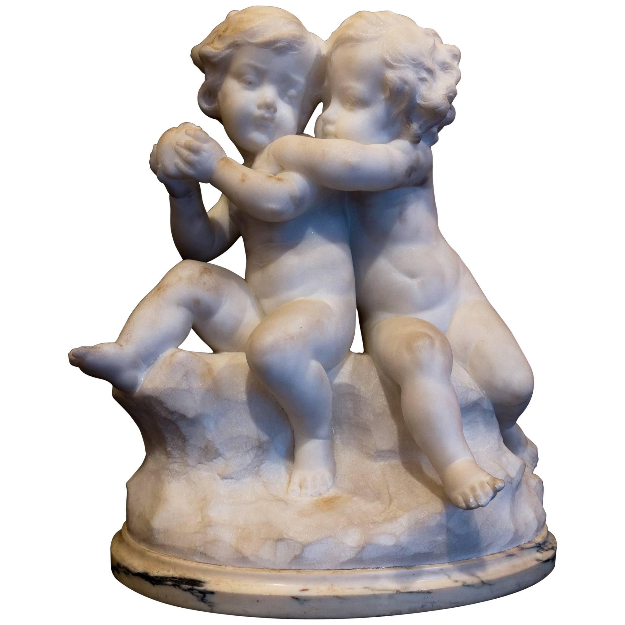 Guglielmo Pugi Carrara Marble Sculpture Two Cupids Contesting for a Heart For Sale