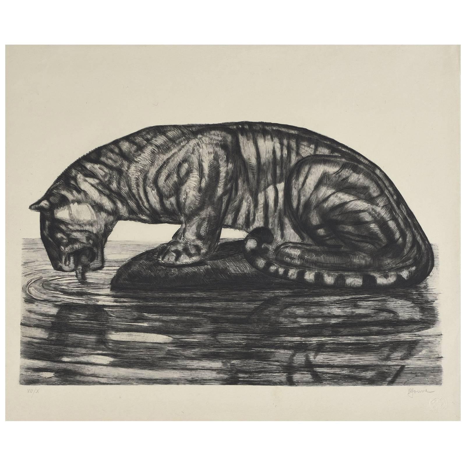 Drinking Tiger, Original Etching by Paul Jouve, circa 1930