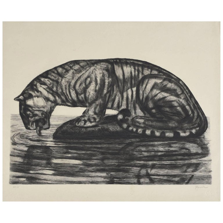 Drinking Tiger, Original Etching by Paul Jouve, circa 1930 For Sale