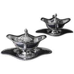 Pair Edwardian Antique Sterling Silver Sauce Gravy Boats & Stands London 1907