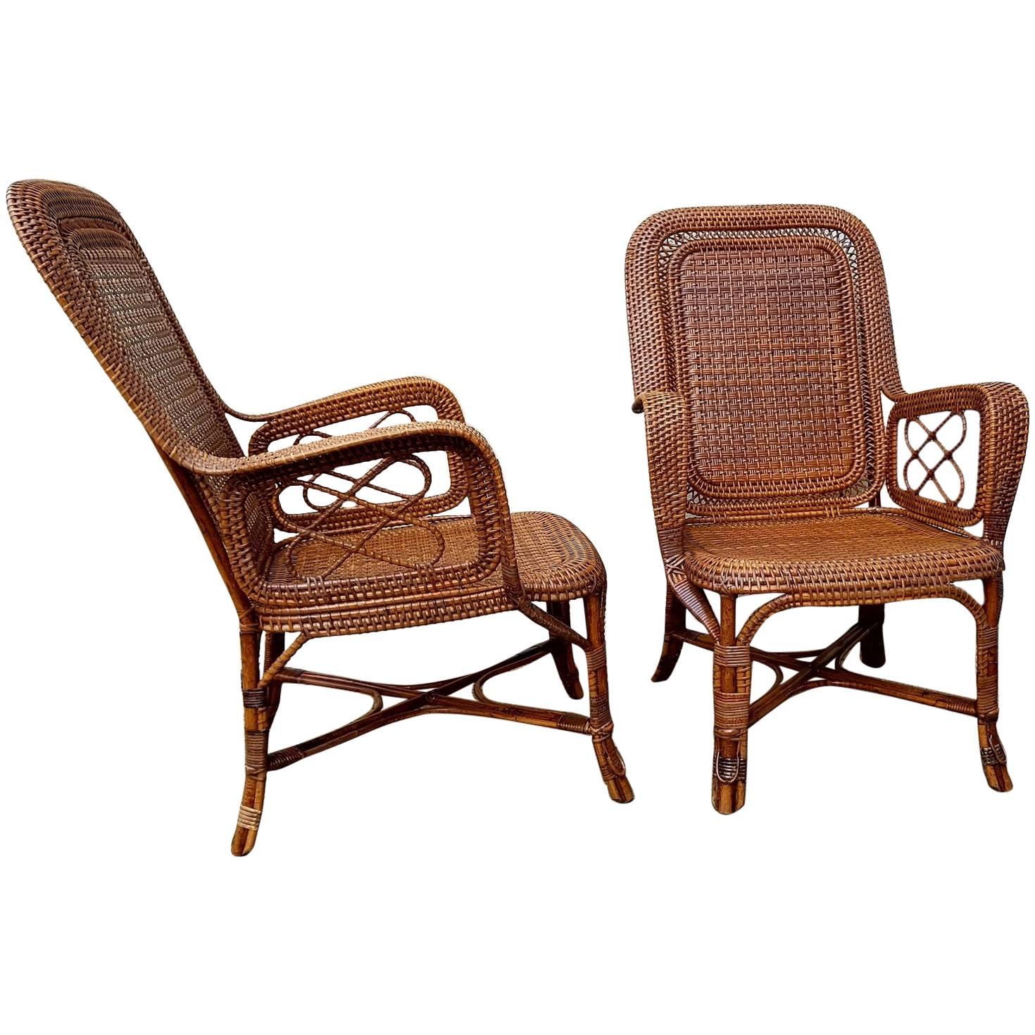 Perret & Vibert, Pair of Large Rattan Armchairs, France, End of 19th Century