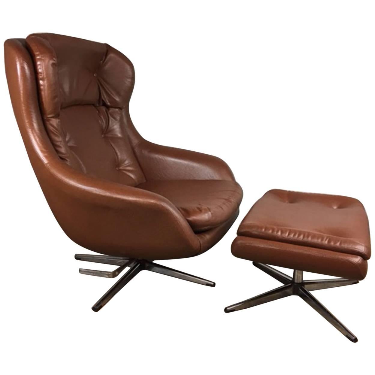 Brown Leather Lounge Chair and Ottoman by Selig For Sale