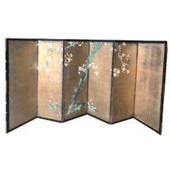 Japanese Small Antique Gold Sakura Tree Hand-Painted Screen, 19th Century