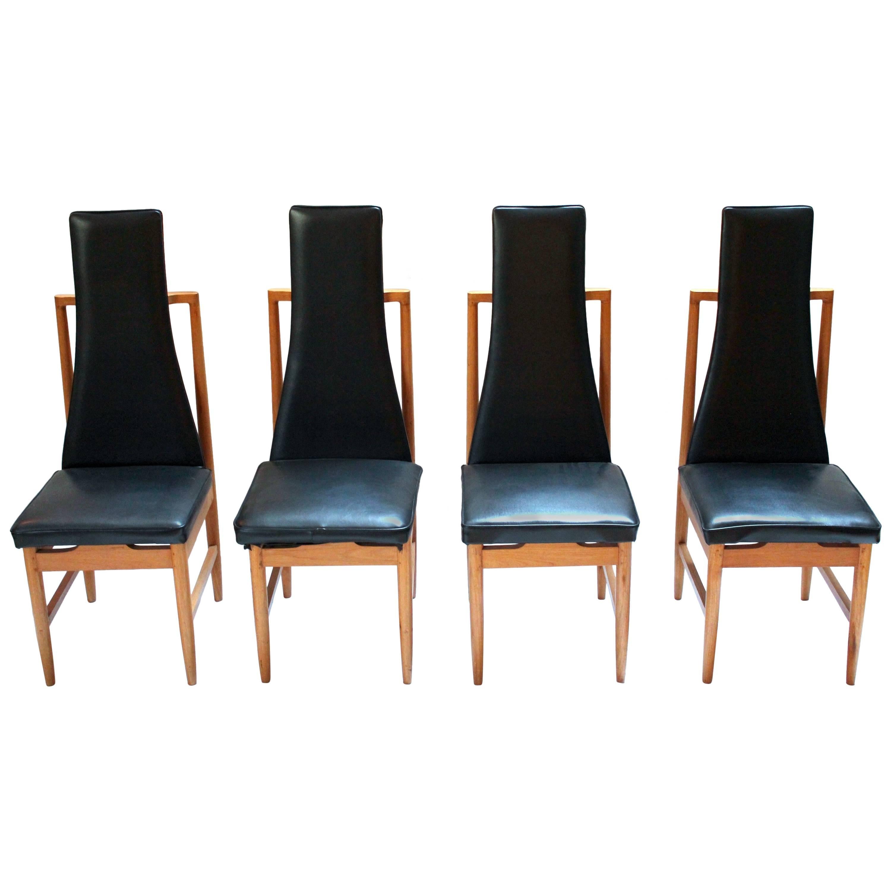 Set of Four Danish Modern Teak and Black Vinyl Tall-Back Dining Chairs For Sale