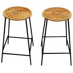 Pair of Wicker and Metal Bar Stools in the Style of Arthur Umanoff