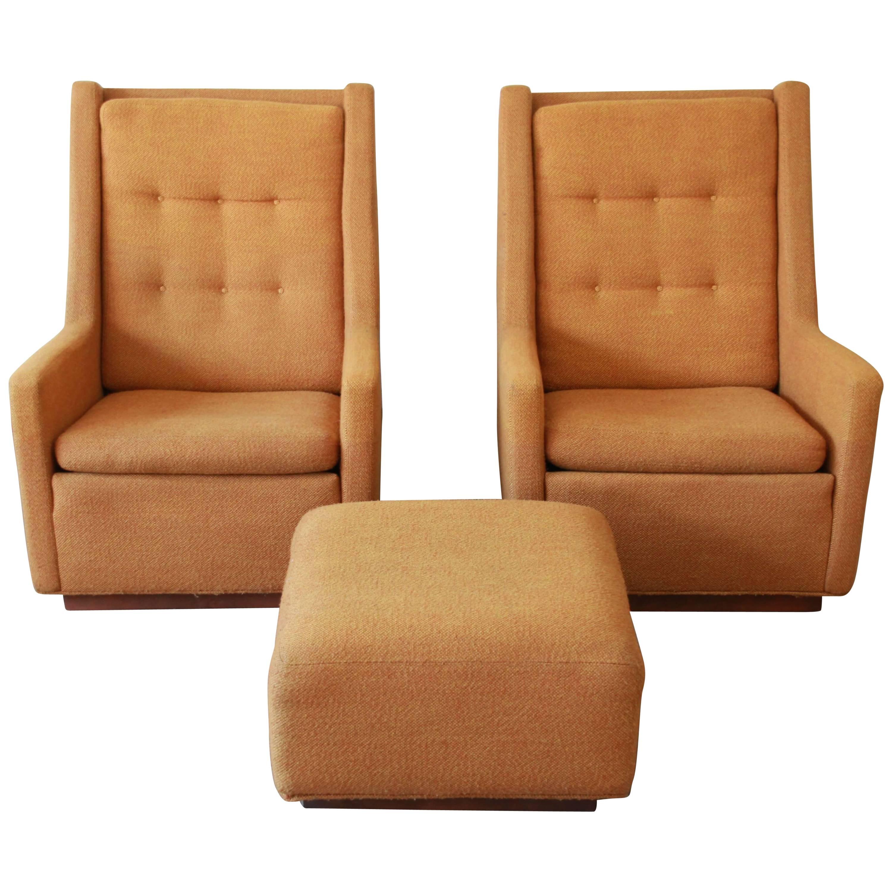 Pair of Lounge Chairs and Ottoman by Milo Baughman for James, Inc