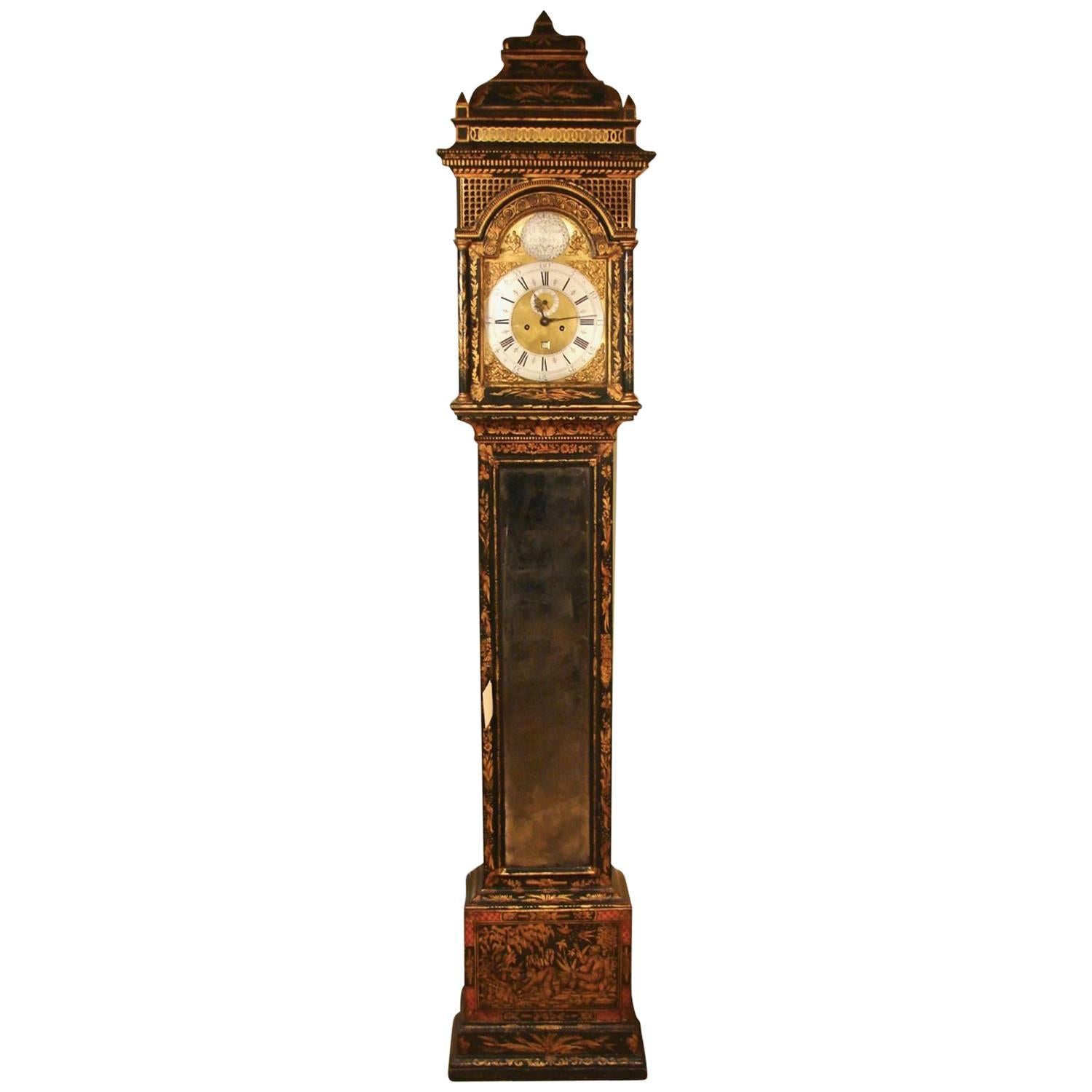Fine George I Green Japanned Tall Case Clock with Mirrored Door by William King