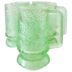 Vintage Frosted Pattern Glass Green Mugs Set of Seven