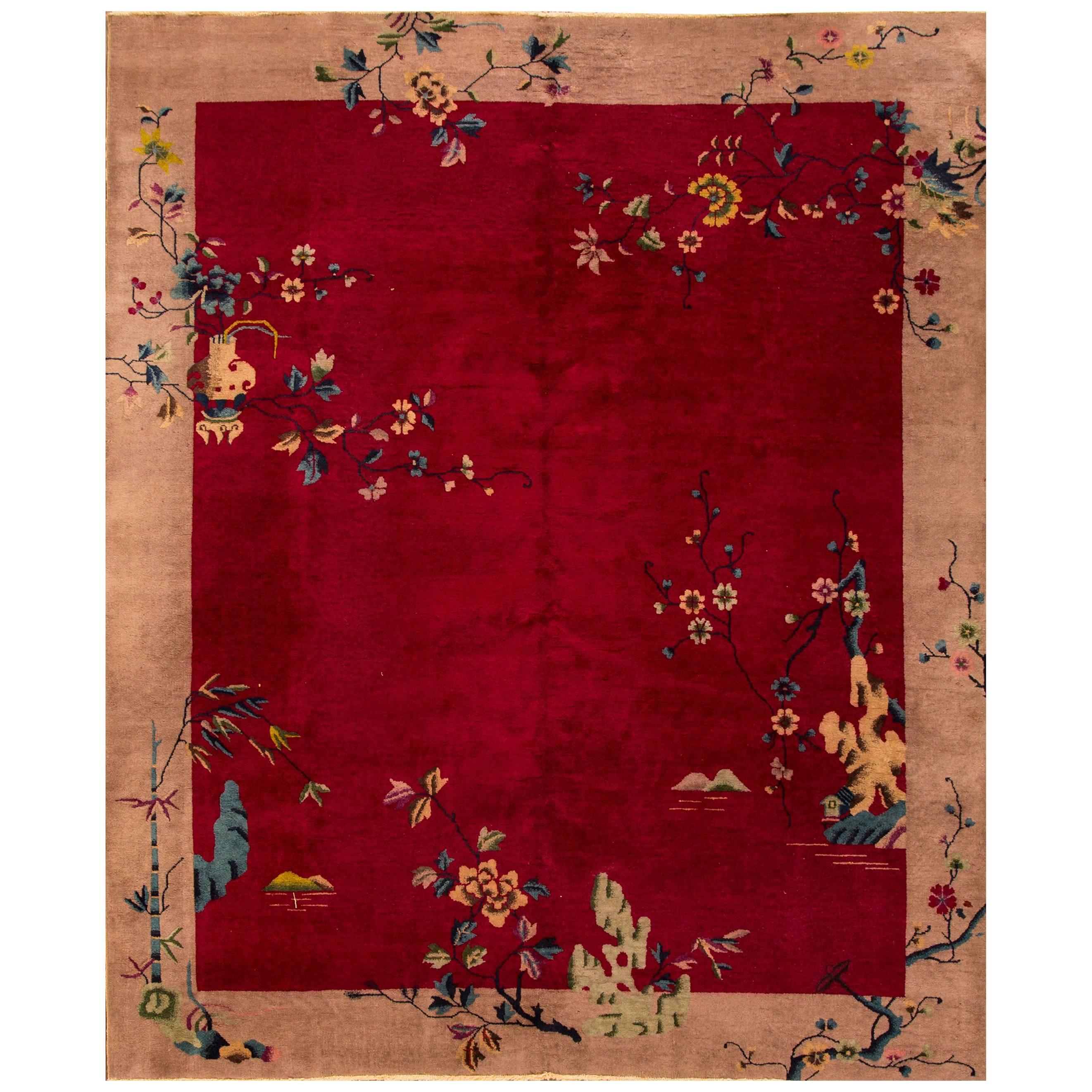 1920s Chinese Red/Tan Art Deco Carpet For Sale