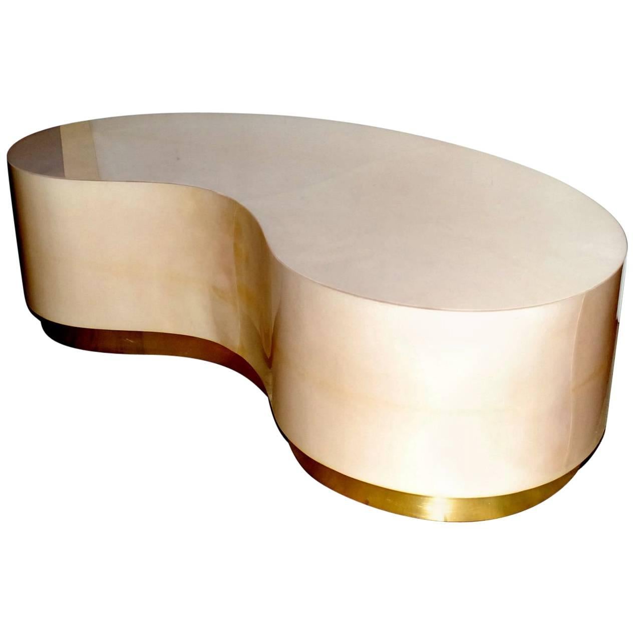 Parchment Kidney Shape Coffee Table with Brass Detail