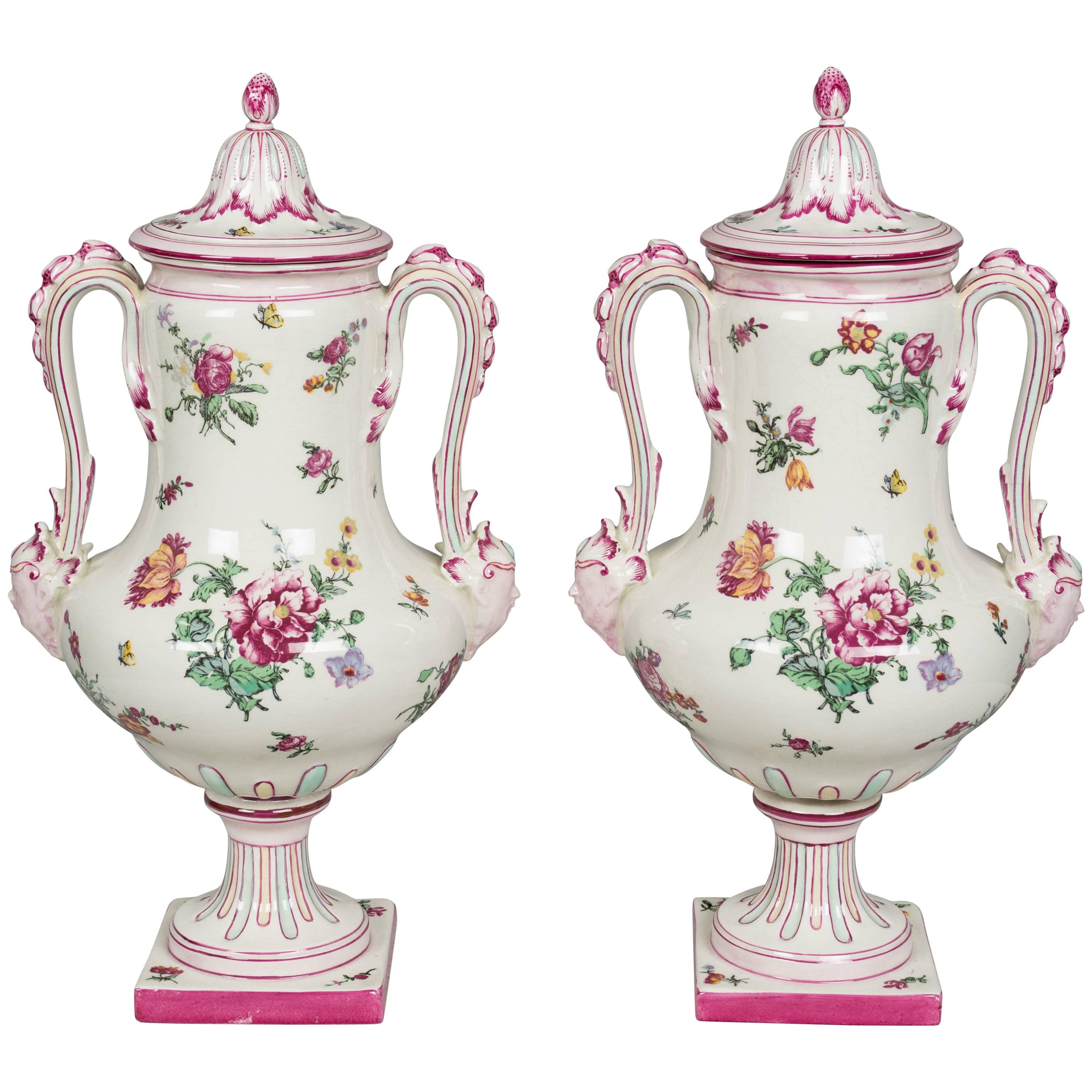 Pair of 19th Century French Gien Faience Urns