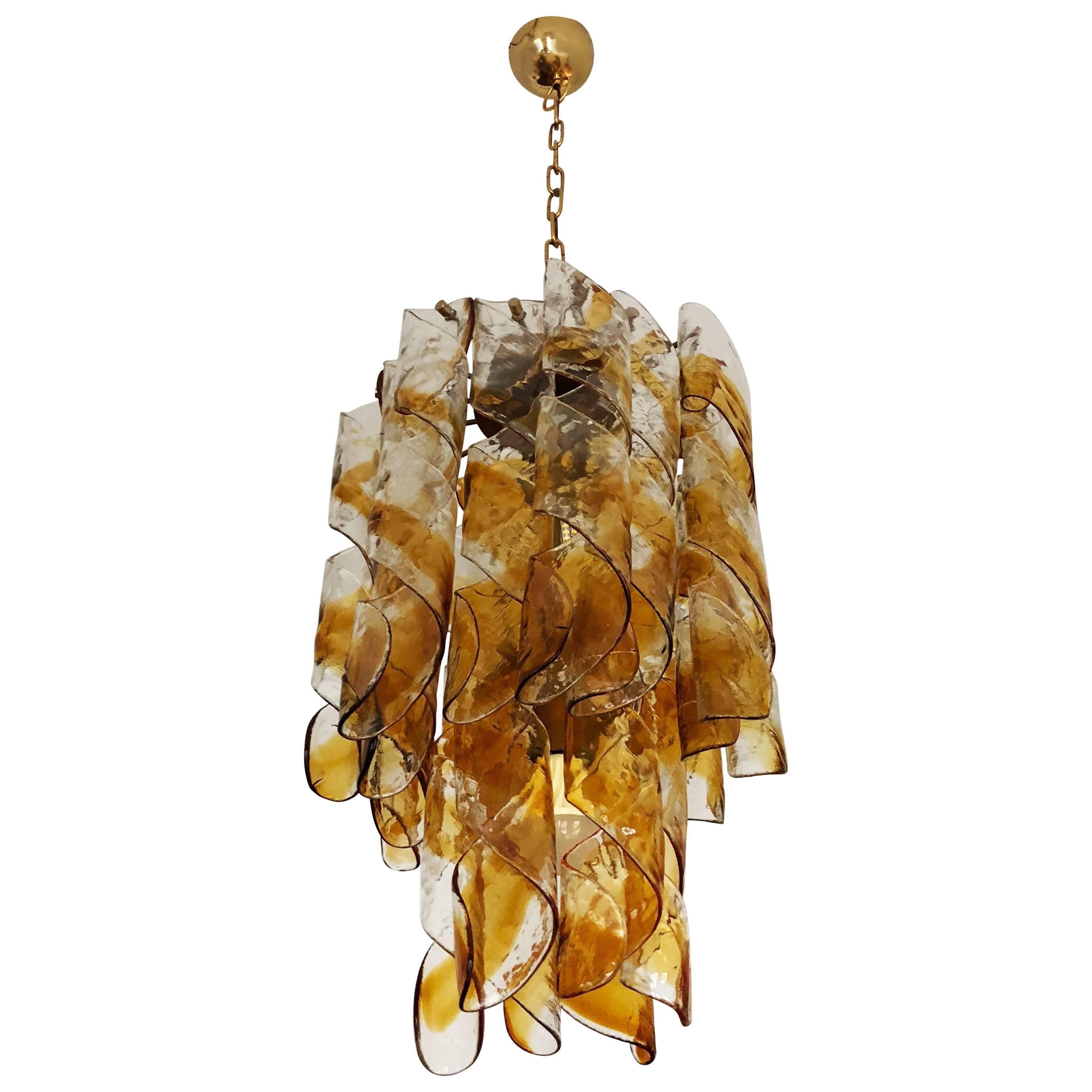 Italian Murano Amber Twisted Glass Chandelier by Mazzega For Sale
