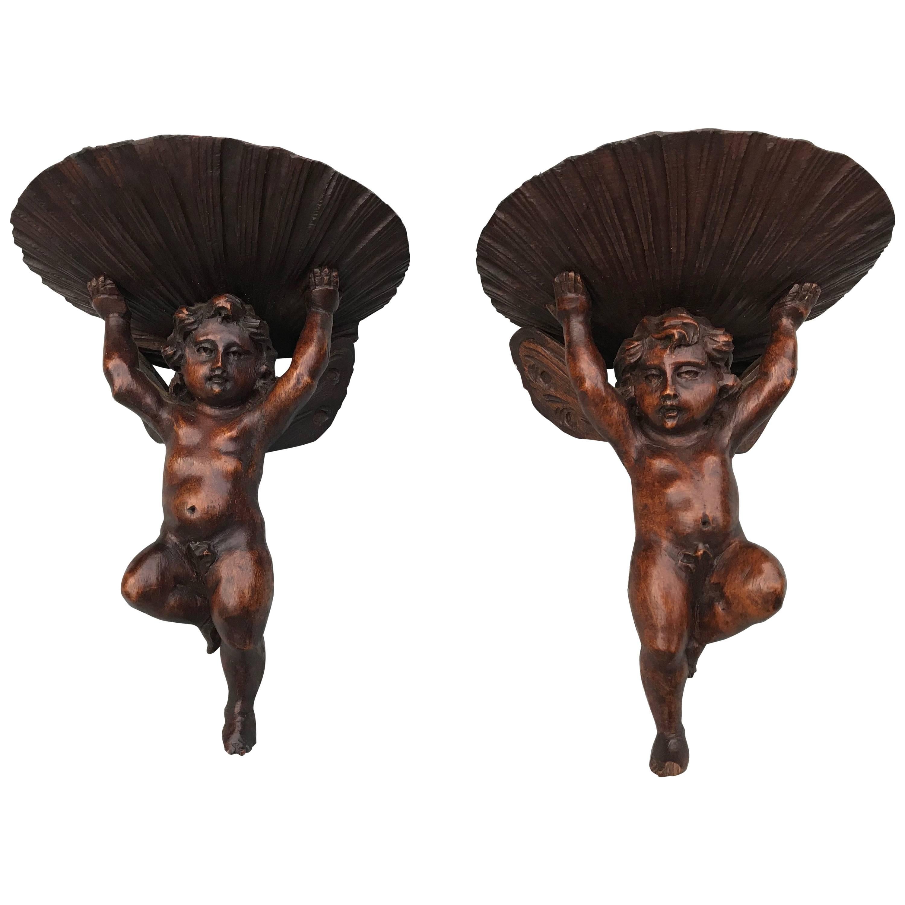 Pair of Early 1800 Hand-Carved Oak Small Cherub Sculptures Wall Brackets Shelfs