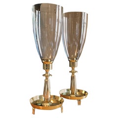 Vintage Pair of Tommi Parzinger Brass Hurricane Candleholders by Dorlyn Silversmiths