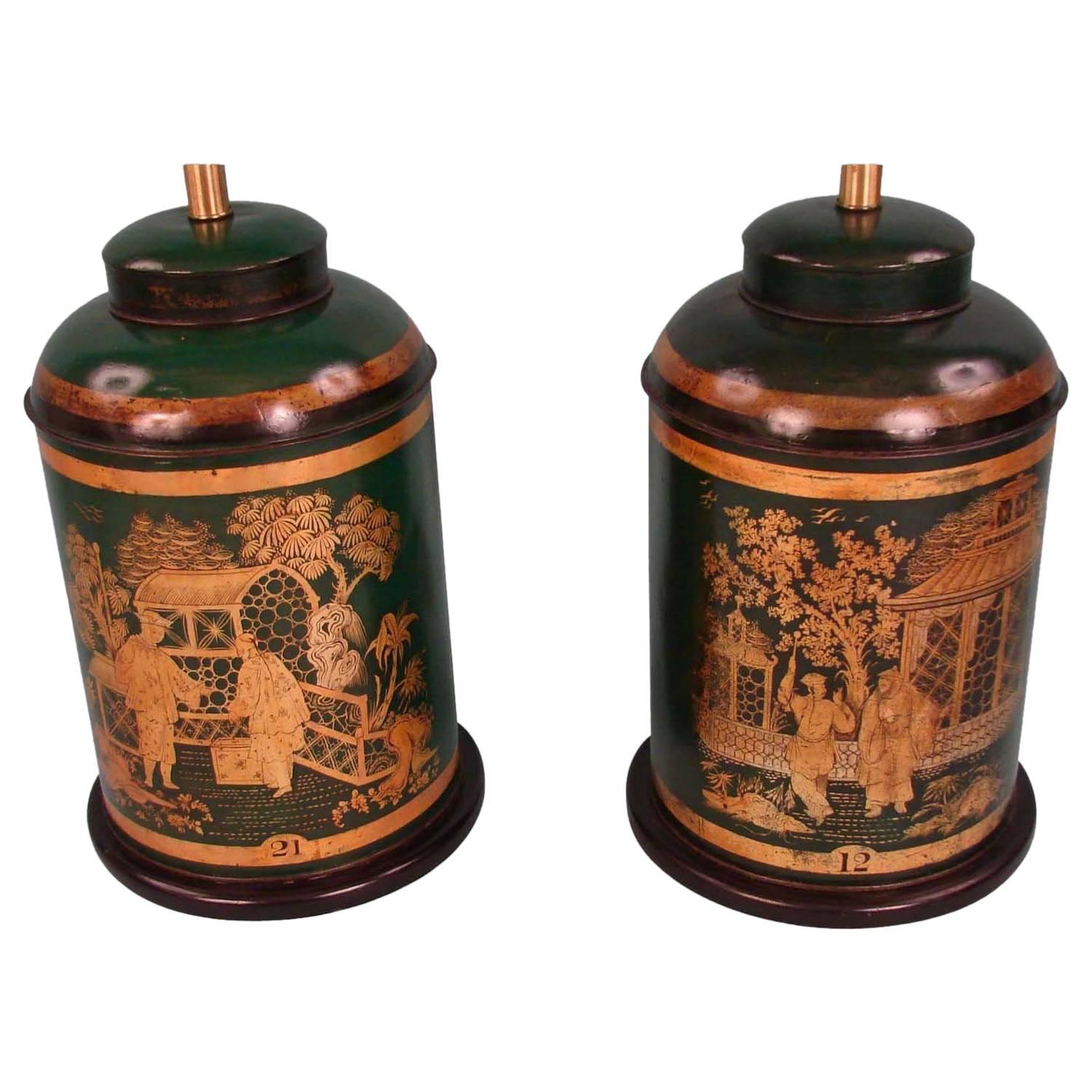 Pair of Green and Gold Chinese Export Tea Canister Lamps