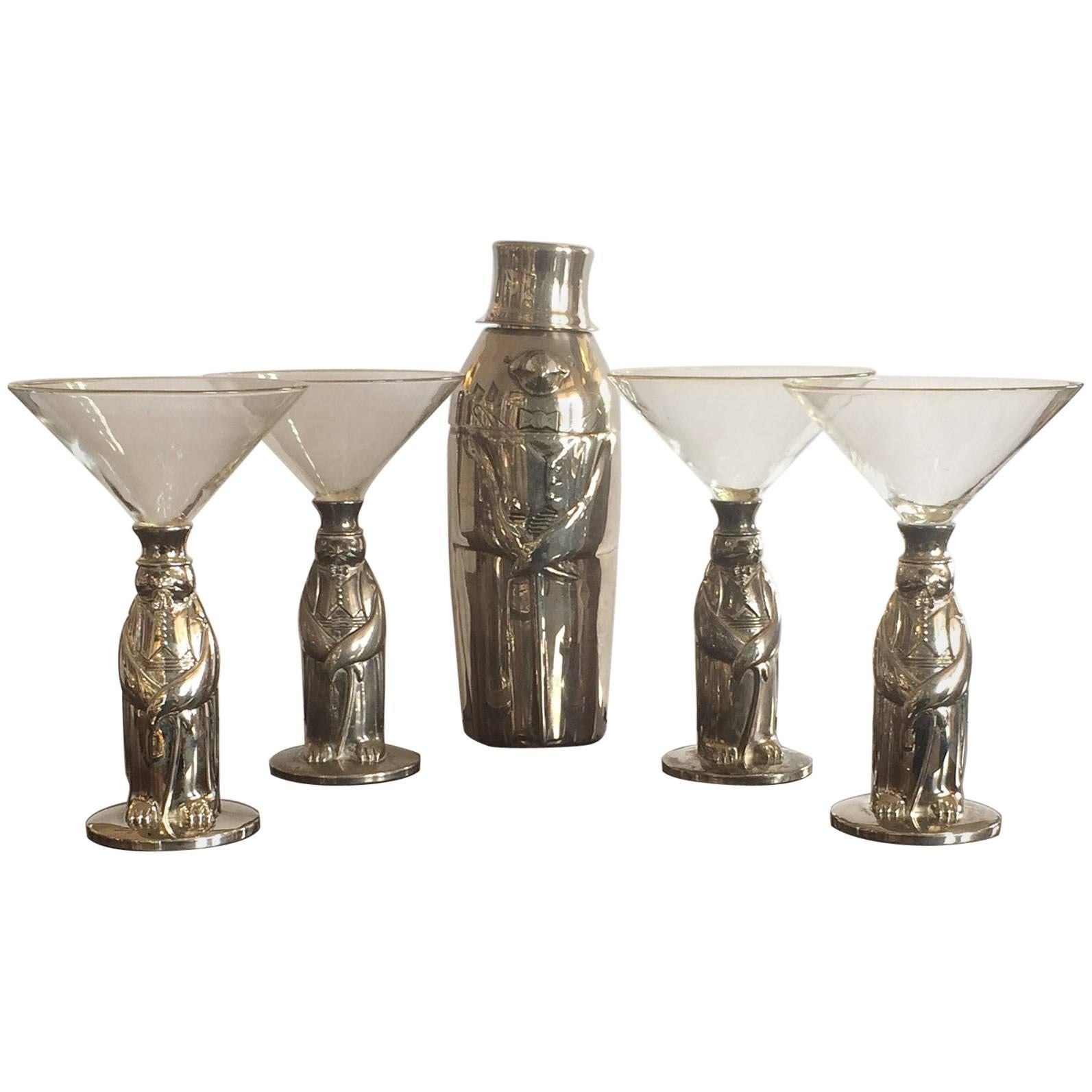 Midcentury Towle Penguin Cocktail Martini Shaker and Glasses