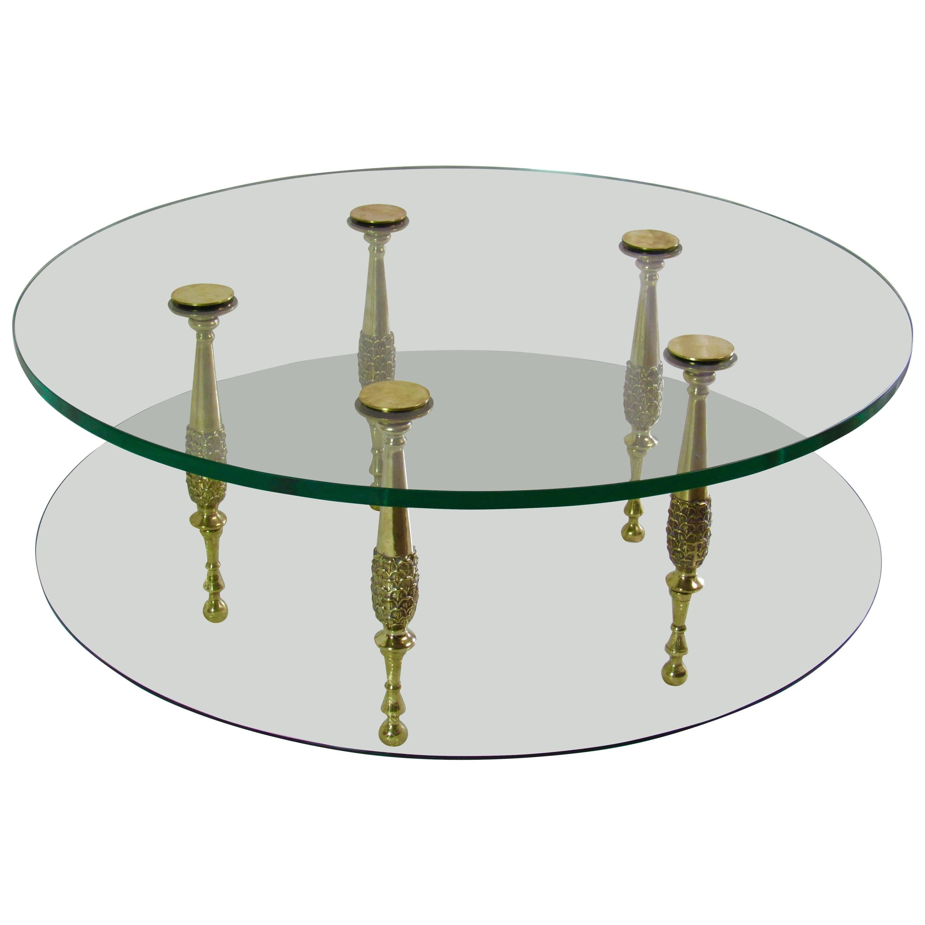 Neoclassical Italian 1950s Circular Polished Bronze and Glass Cocktail Table For Sale