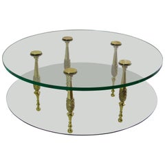 Neoclassical Italian 1950s Circular Polished Bronze and Glass Cocktail Table
