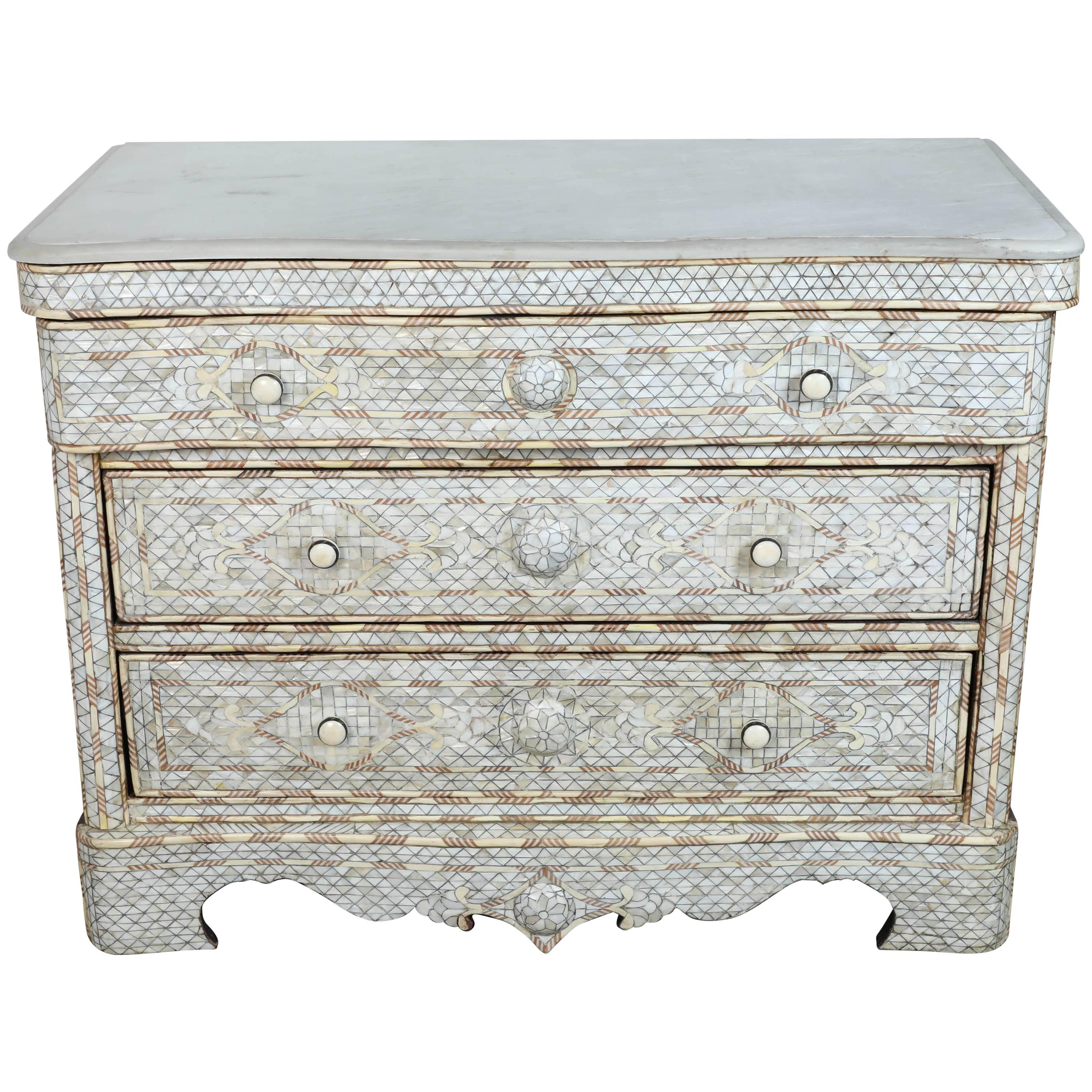Middle Eastern Syrian White Mother-of-Pearl Inlay Wedding Dresser