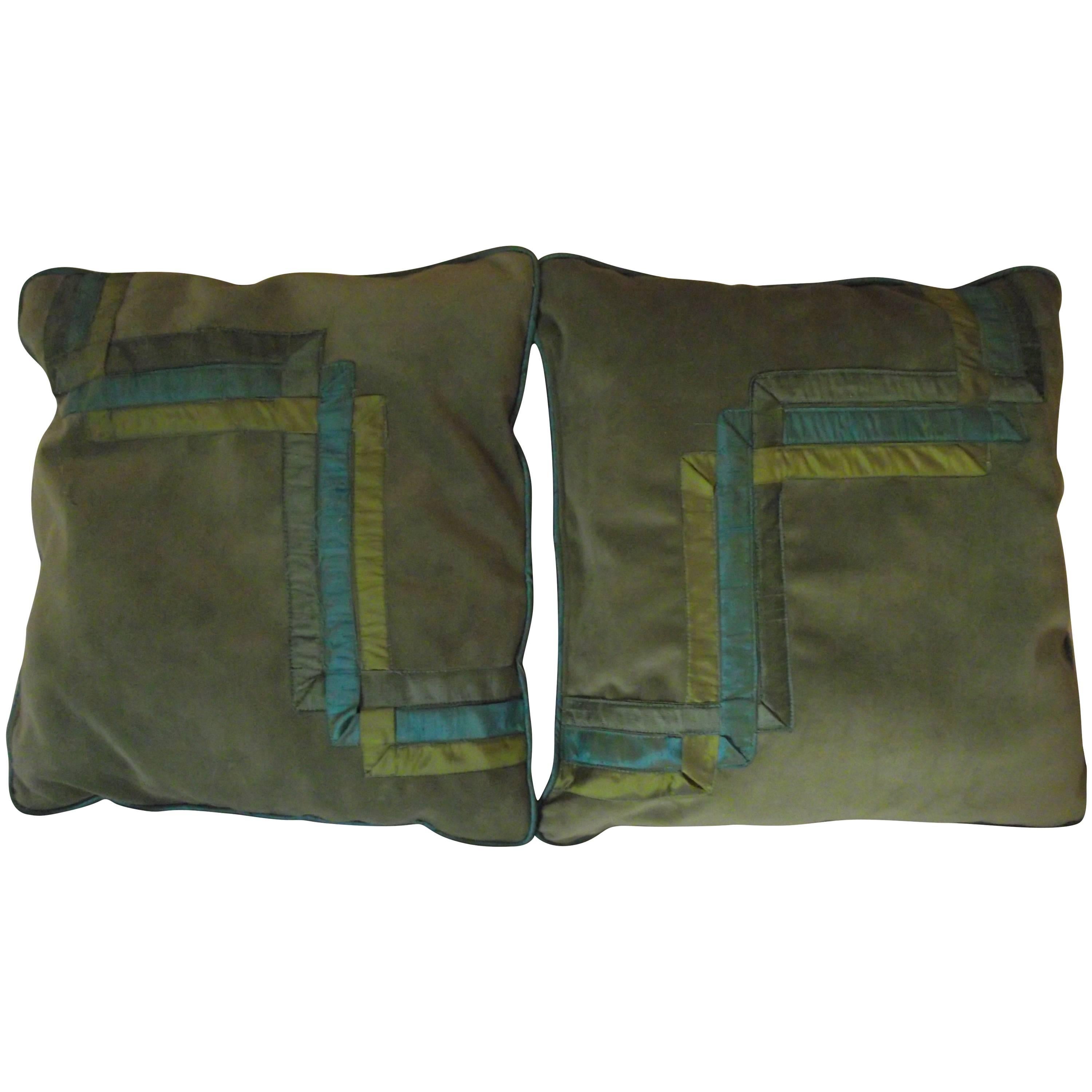 Art Deco Throw Pillows, Original Design in Light Green Velvet with Silk Decorate For Sale