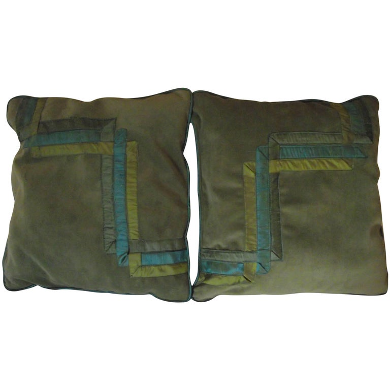 Art Deco Throw Pillows, Original Design in Light Green Velvet with Silk