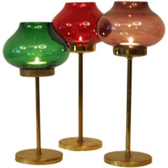 Vintage Candleholder Set of Three with Colored Glass Domes