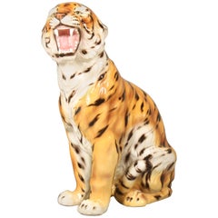 Vintage Porcelain Sculpture of a Tiger, Italy