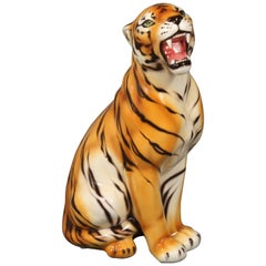 Vintage Porcelain Sculpture of a Tiger, Italy