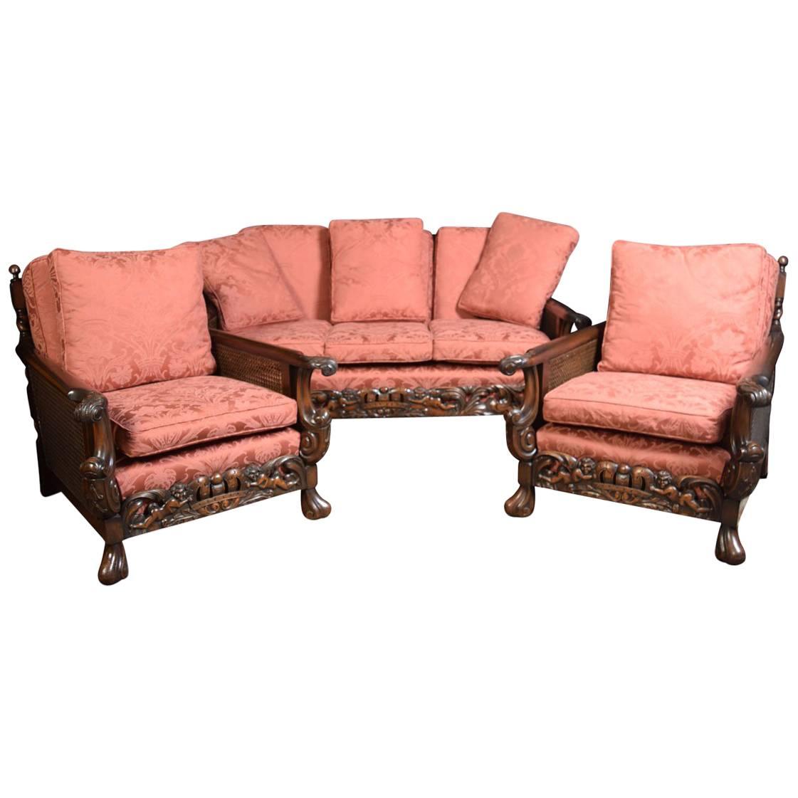 Edwardian Carved Mahogany Three-Piece Bergere Lounge Suite