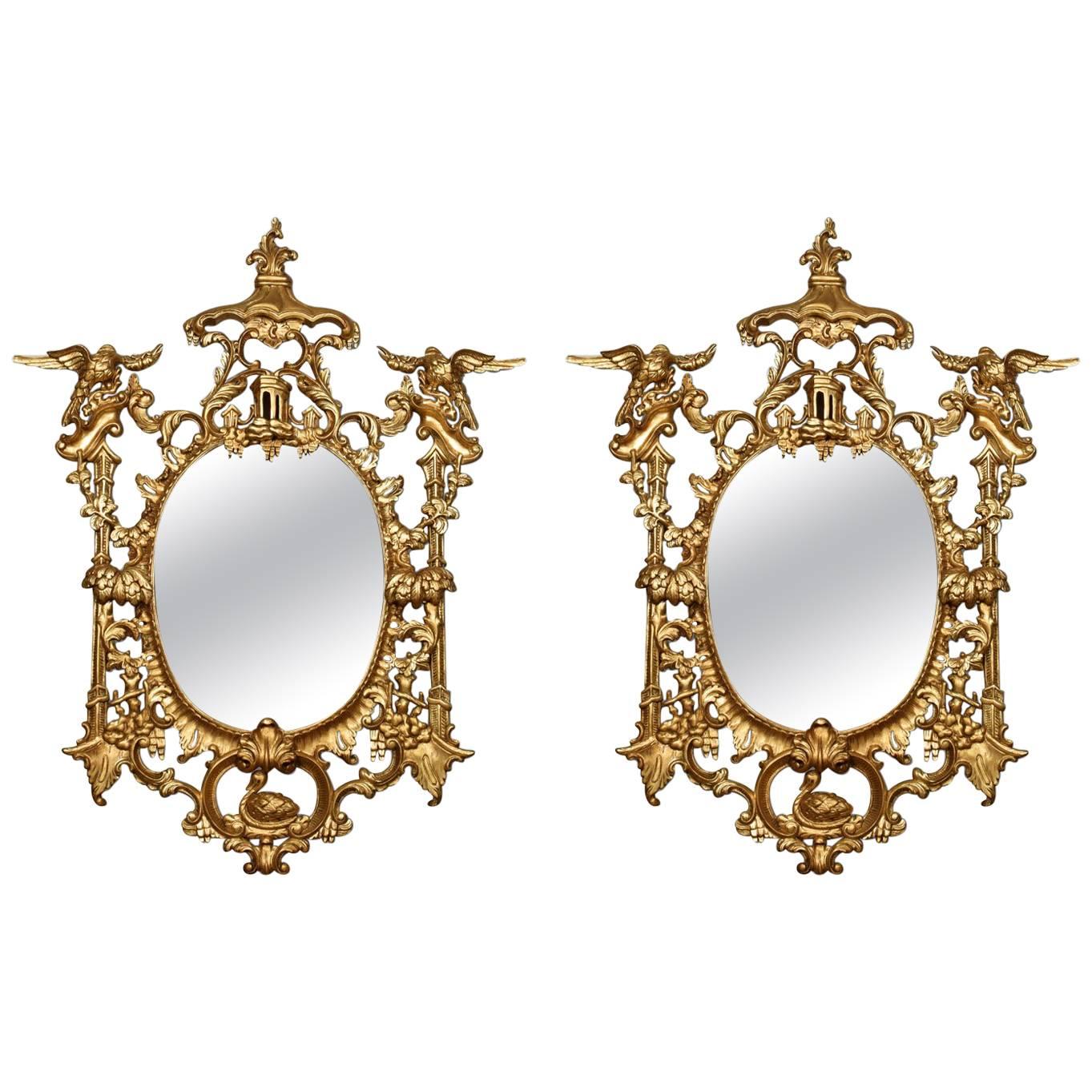 Pair of Substantial Chinese Chippendale Style Giltwood Mirrors
