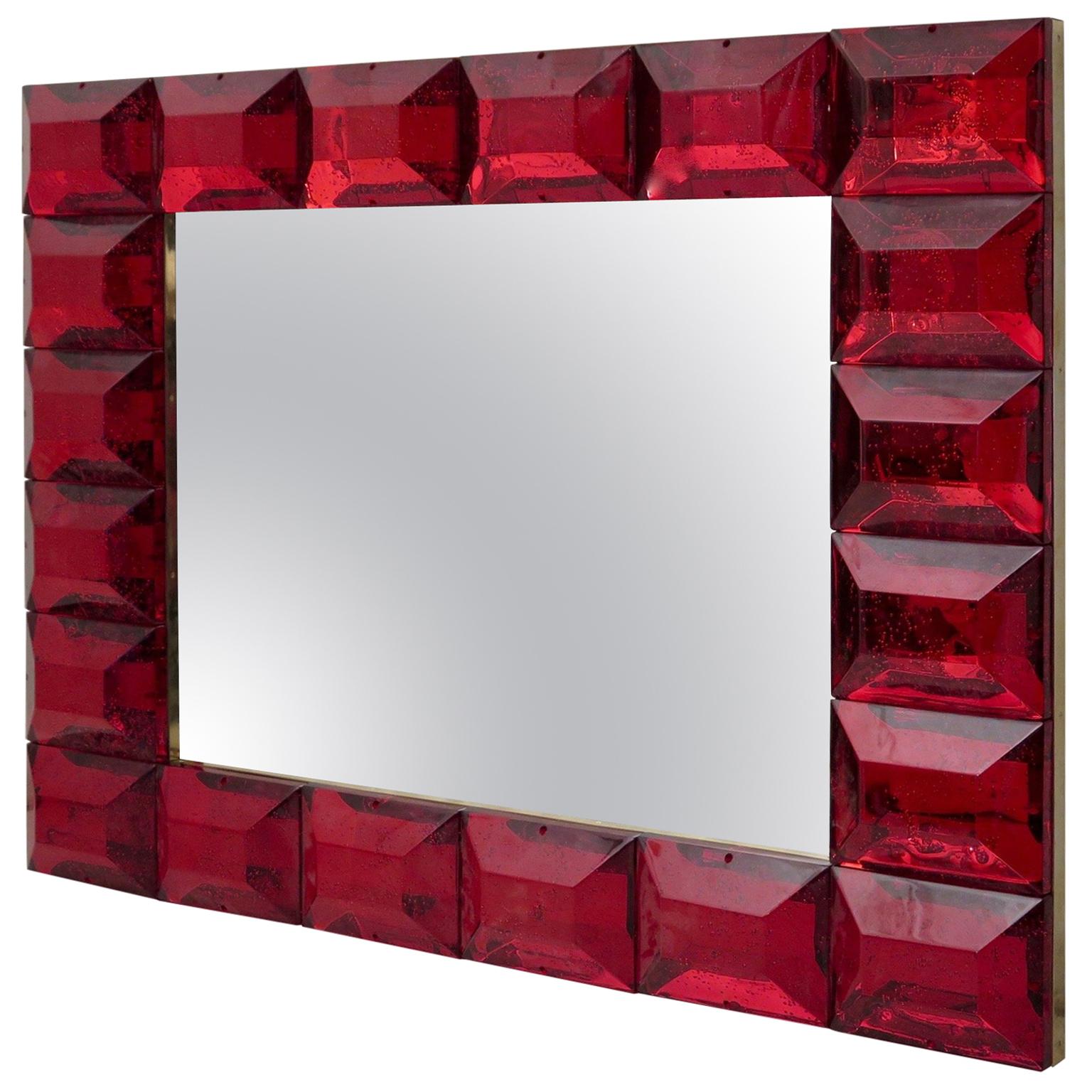 Murano Red Art Glass Italian Modern Wall Mirror