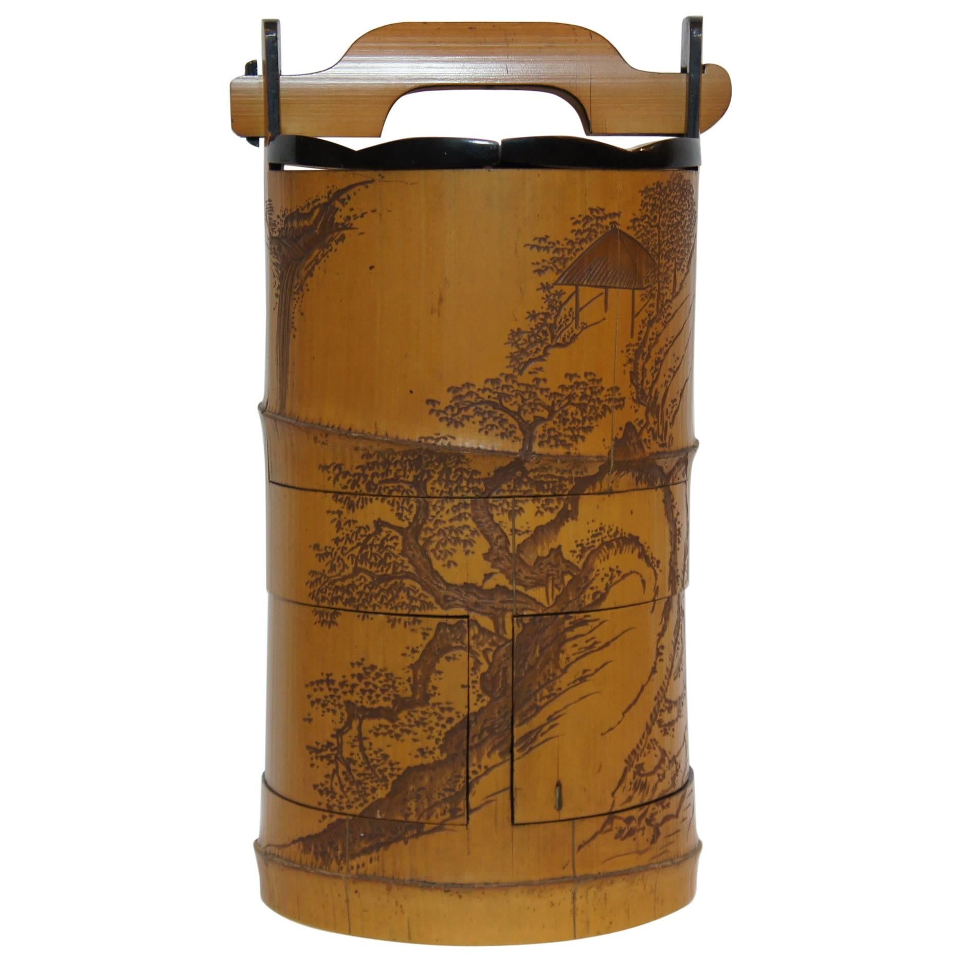 Japanese Pine Tree Motif Bamboo Bento Box, 1868, Edo Period For Sale
