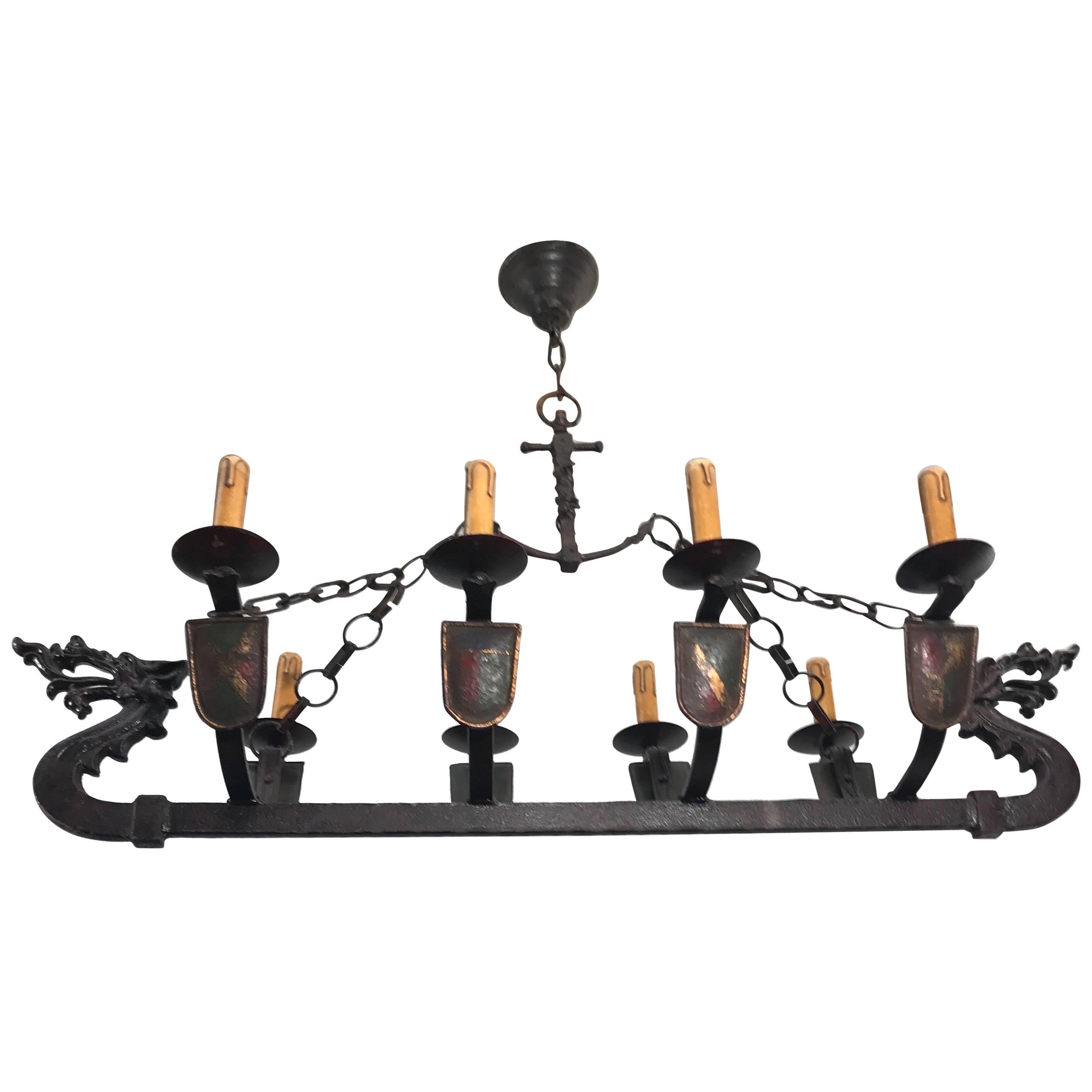 Wrought Iron Medieval St. Viking Longboat Chandelier, Pendant Light with Dragons