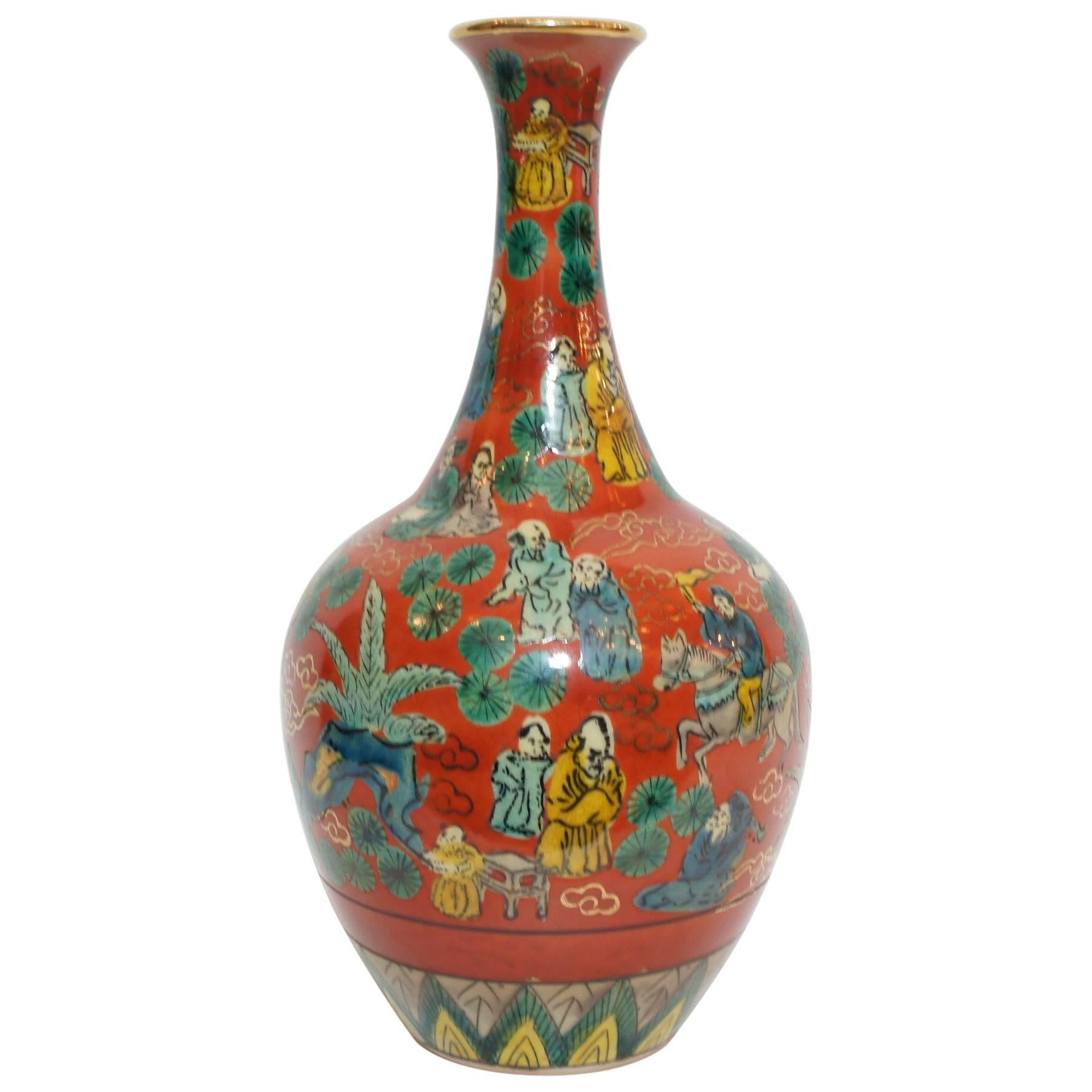 Japanese Deep and Bright Red colors Kutani Ware Vase by Aoki Mokubei, 1950s For Sale
