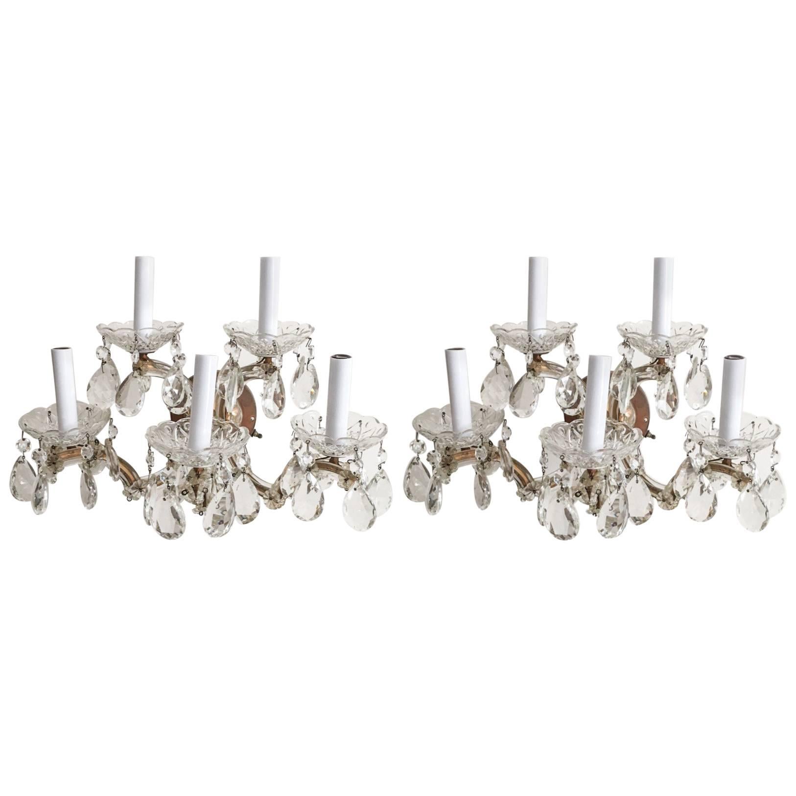 1940s Italian Crystal and Brass Five-Arm Sconces, Pair